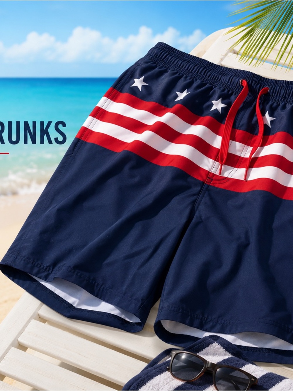 Tipsy Elves Navy Red White Star Stripe Swim Trunks